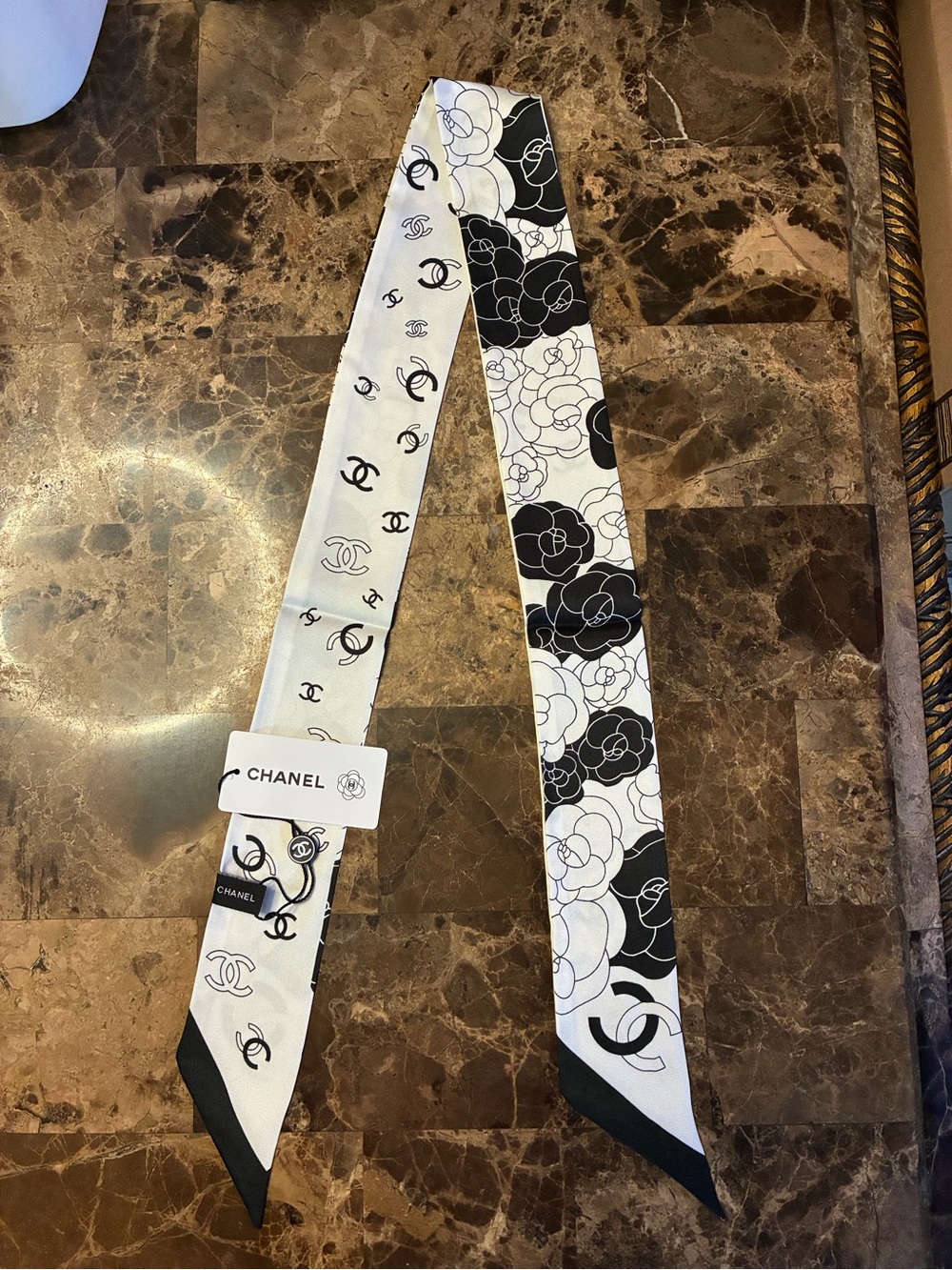 Fashion Letter C White and Black Logo Camellia Twilly , Hair, Muffler Scarf 100%